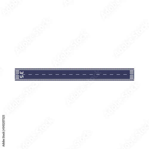 Airport single straight runway for landing airplane cartoon illustration. Top view of aircraft, jet or plane takeoff strip. Aviation, flight, travel, transportation, arrival concept