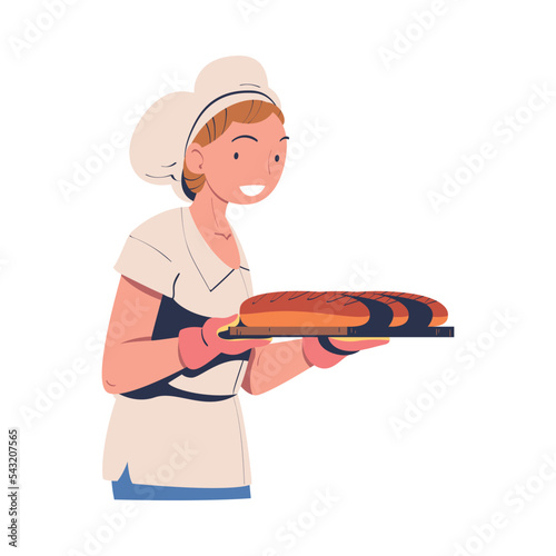 Woman Baker Holding Hot Fresh Baked Loaf with Potholder Vector Illustration