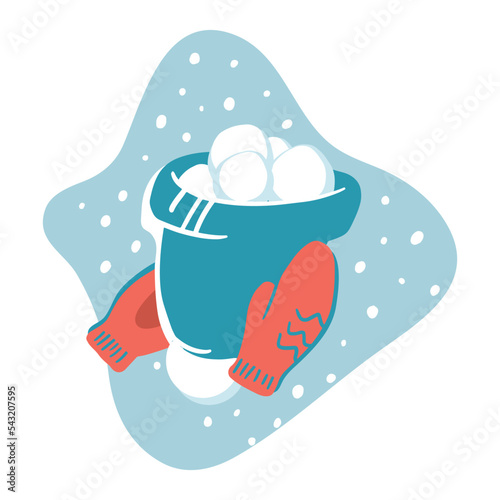 Hands in mittens hold a hat with a bubo on a blue background. Children's winter snowball fight. Snow falls on a clear frosty day. Warm woolen mittens with a pattern in a cartoon flat graphic style.