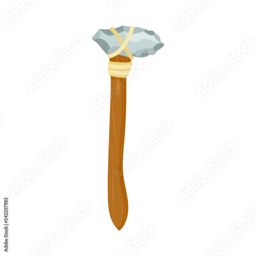 Ancient axe from wood and stone connected with rope vector illustration. Primitive equipment from stone and wood of prehistoric people or barbarians for hunting isolated on white background. History
