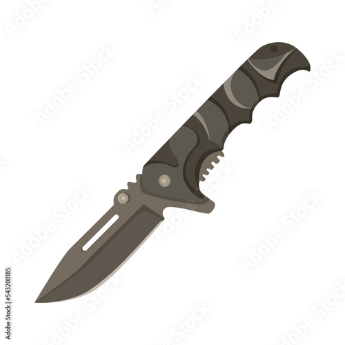 Black combat jackknife cartoon illustration. Warrior blade, hunting or military knife on white background. Weapon, protection concept
