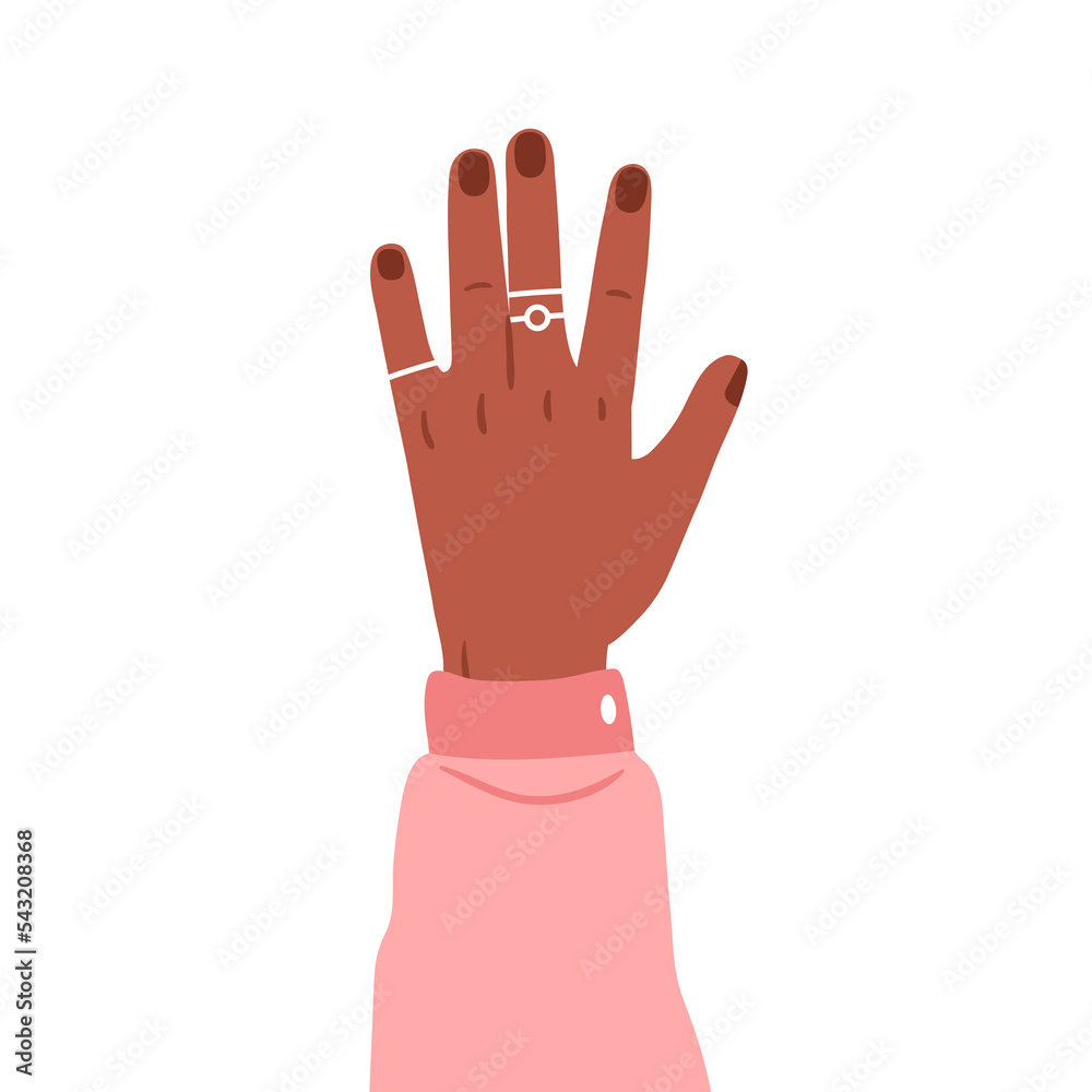 Hand raised up with jewelry, rings on fingers. African-American female arm accessories, jewelleries, dorsal side. Demonstrating jewels. Flat vector illustration isolated on white background