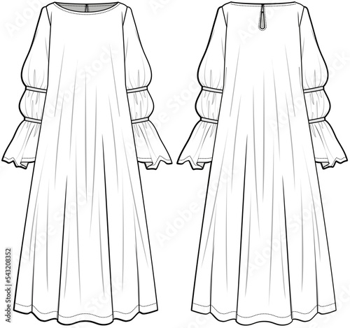 Women Abaya, Long Shirred Puff Sleeves Maxi Dress  Front and Back View. Fashion Illustration, Vector, CAD, Technical Drawing, Flat Drawing, Template, Mockup.	