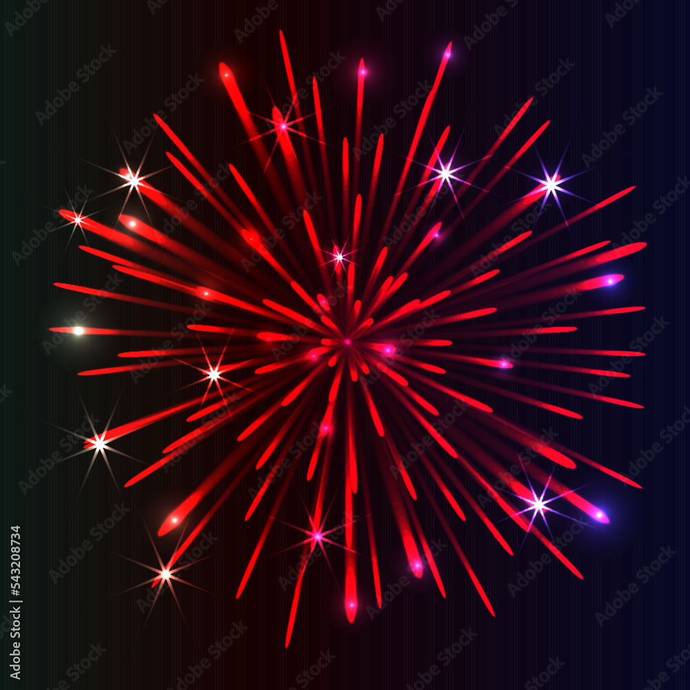Fototapeta premium Divali festival. New Year Salute. 4th July Salute. Vector isolated firework on a dark background. Glowing effects. Shining elements and stars for bg. Holiday firework.