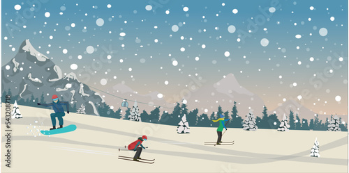 People ski and snowboard in the mountains in winter