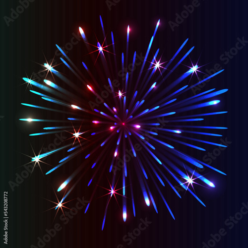 Divali festival. New Year Salute. 4th July Salute. Vector isolated firework on a dark background. Glowing effects. Shining elements and stars for bg. Holiday firework.