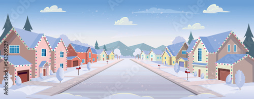 Suburban houses, street with cottages with garages in winter. A street of houses with white trees and a road in perspective. Village. Vector illustration in cartoon style.