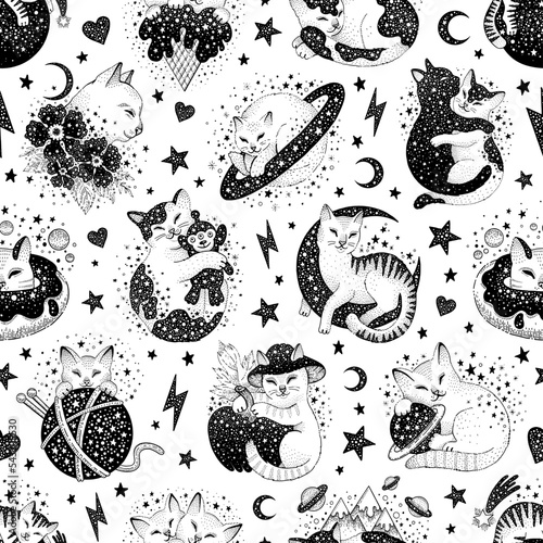 Cat pattern. Mystic space seamless color book. Cute esoteric doodle animal. Gothic witchcraft icon set. Anime page background. Fashion vector witch cat pattern. Kawaii kitten black line art. Magic pet