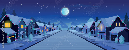 Suburban houses, street with cottages with garages at night in winter. A street of houses with green trees and a road in perspective. Village. Vector illustration in cartoon style.