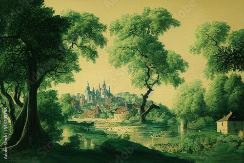 Set with elements, motif with landscapes with trees, castles, houses in toile de jouy photo