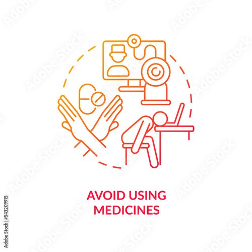 Avoid using medicines red gradient concept icon. Stop self-medication. Health care tip. Employee burnout abstract idea thin line illustration. Isolated outline drawing. Myriad Pro-Bold font used