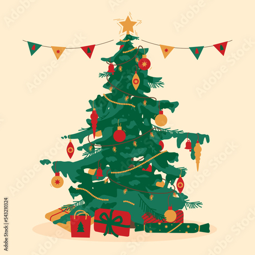 Christmas illustration with gifts under fir tree. Christmas tree decorated with garland, bauble and star.