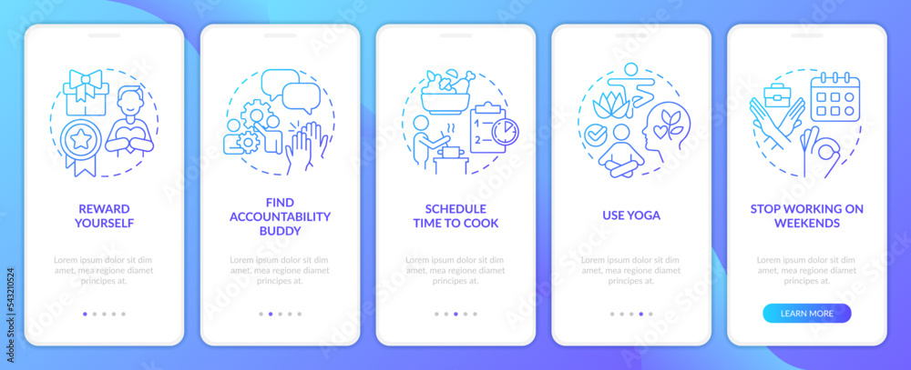 Employee mental health blue gradient onboarding mobile app screen. Walkthrough 5 steps editable graphic instructions with linear concepts. UI, UX, GUI template. Myriad Pro-Bold, Regular fonts used