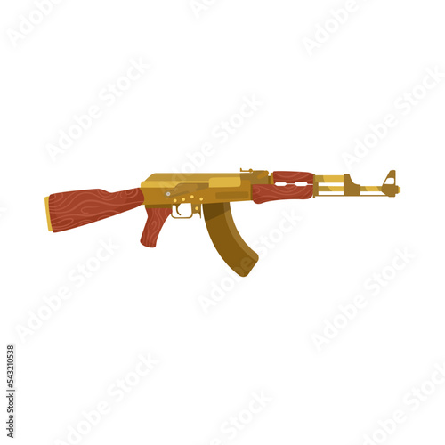 Colorful Kalashnikov gun with wooden parts cartoon illustration. Red and yellow AK assault rifle or machine pistol on white background. Military equipment, army, weapon, resistance concept