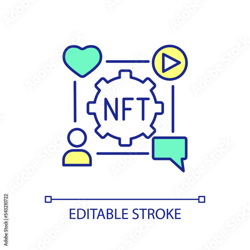 NFT integration in social media RGB color icon. Digital art monetization. Crypto artefacts sell platform. Isolated vector illustration. Simple filled line drawing. Editable stroke. Arial font used