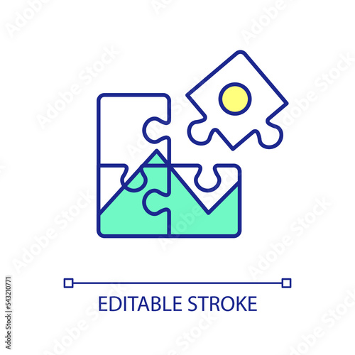 Jigsaw puzzle assembling RGB color icon. Brain teaser game. Intellect development and entertainment. Isolated vector illustration. Simple filled line drawing. Editable stroke. Arial font used