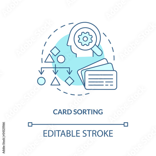 Card sorting turquoise concept icon. App usability. Mental model in UX design abstract idea thin line illustration. Isolated outline drawing. Editable stroke. Arial, Myriad Pro-Bold fonts used