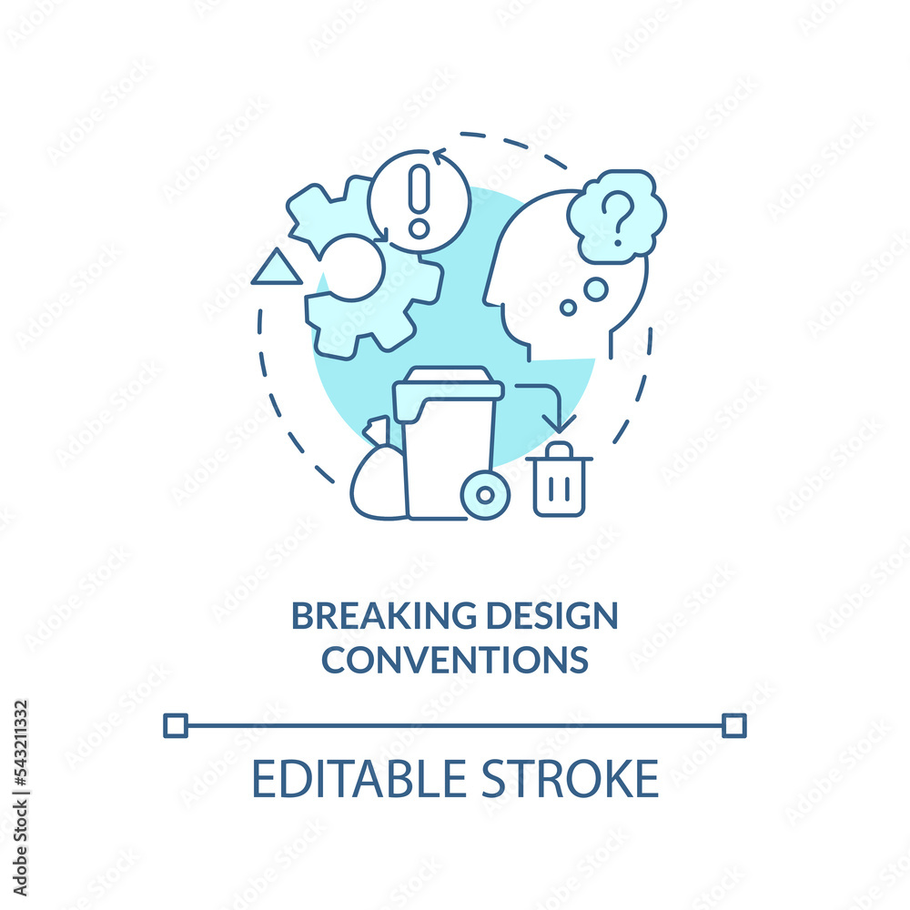 Breaking design conventions turquoise concept icon. UX UI designer fail abstract idea thin line illustration. Isolated outline drawing. Editable stroke. Arial, Myriad Pro-Bold fonts used