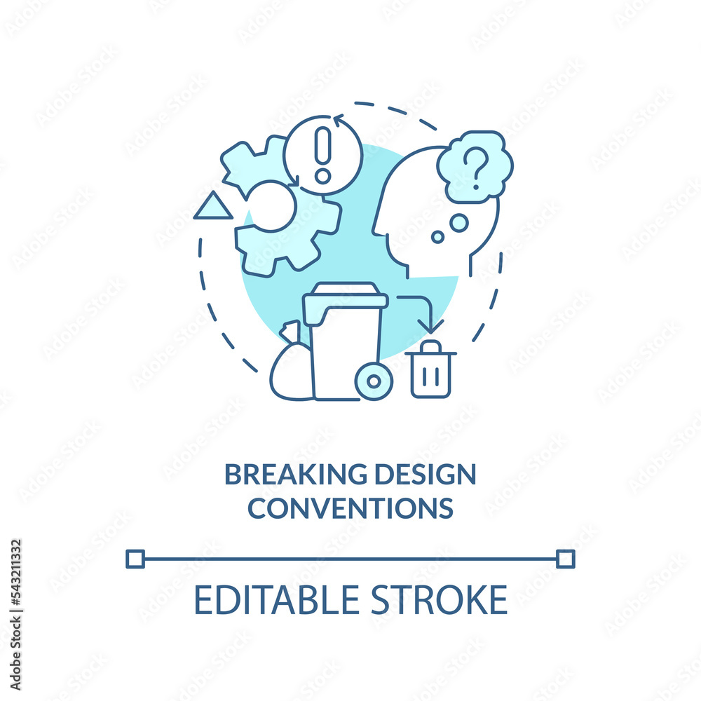 Breaking design conventions turquoise concept icon. UX UI designer fail abstract idea thin line illustration. Isolated outline drawing. Editable stroke. Arial, Myriad Pro-Bold fonts used Breaking design conventions turquoise concept icon. UX UI designer fail abstract idea thin line illustration. Isolated outline drawing. Editable stroke. Arial, Myriad Pro-Bold fonts used