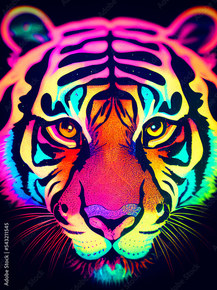 Cute Neon colors animal illustration, Bold Tiger, Adorable feline animal, Nursery decoration, Kitsch art