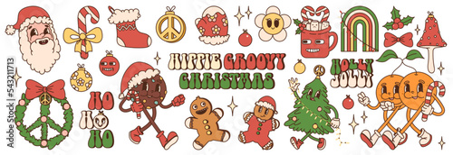 Big sticker pack of retro cartoon characters and elements. Merry Christmas and Happy New year in trendy groovy hippie style. 