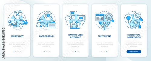 Mental models in user research blue onboarding mobile app screen. Walkthrough 5 steps editable graphic instructions with linear concepts. UI, UX, GUI template. Myriad Pro-Bold, Regular fonts used