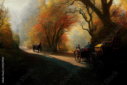 Valokuvatapetti AI generated image of vintage hansom cabs at the Halnaker tree tunnel