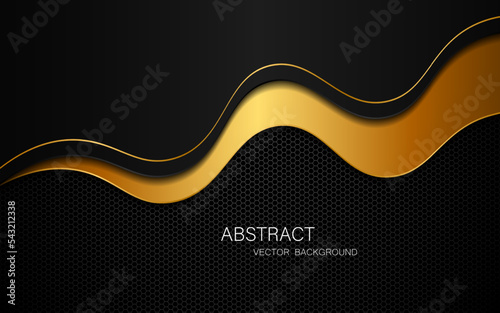 Abstract black and gold curves overlaid on dark steel mesh background with free space for design.
