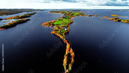 Title: Aerial footage of Kizhi is an island in the Republic of Karelia, Russia. The most famous is the Kizhi Pogost, which is a UNESCO World Heritage site.