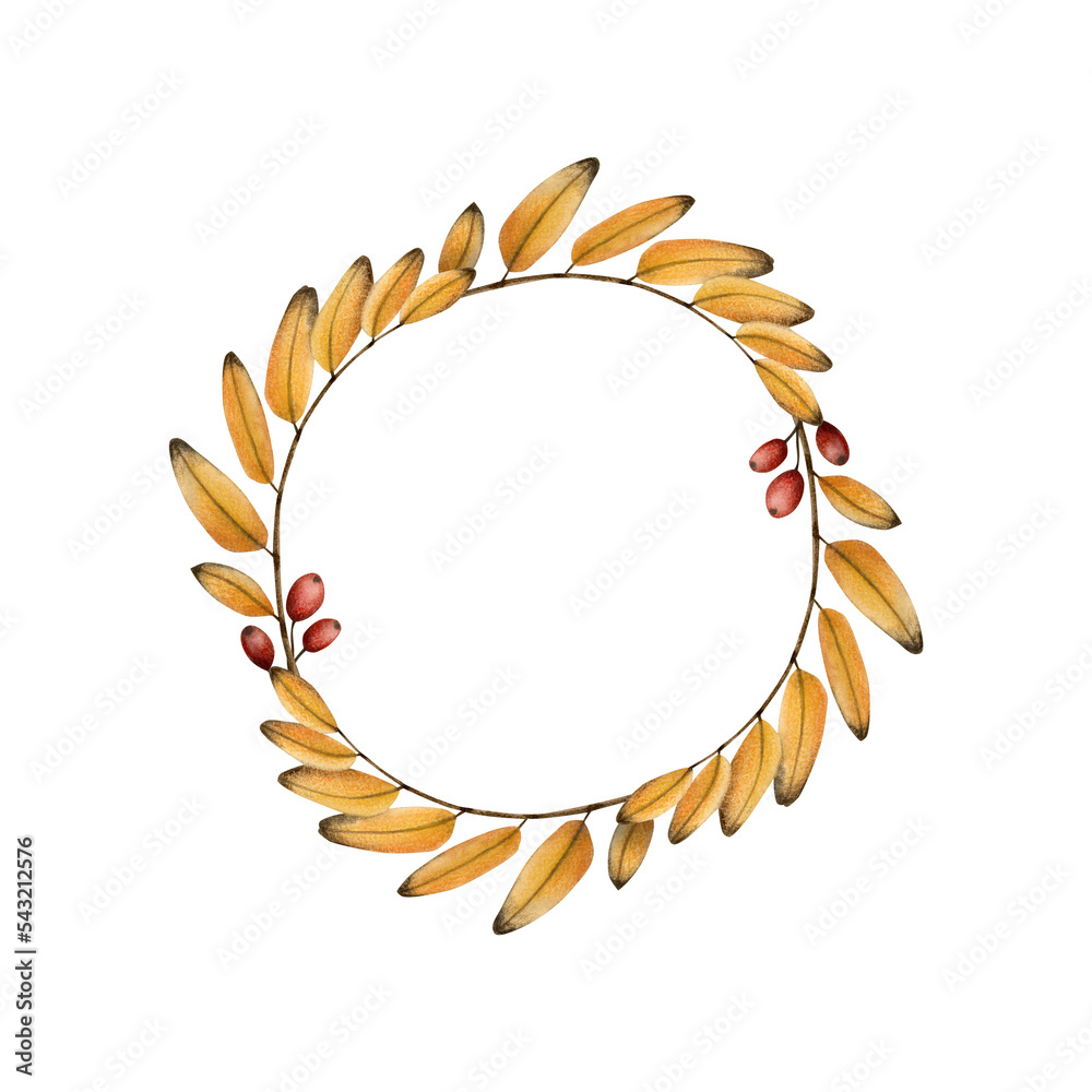 Elegant round frame, garland, wreath or border made of yellow fallen leaves and red forest berries. Warm fall colors, vintage style Elegant round frame, garland, wreath or border made of yellow fallen leaves and red forest berries. Warm fall colors, vintage style