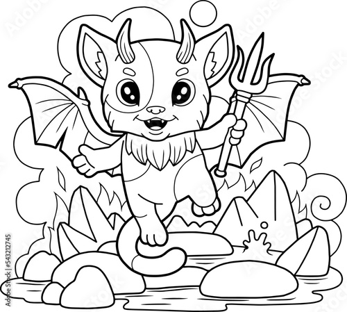 cute cartoon cat demon, coloring page, outline illustration
