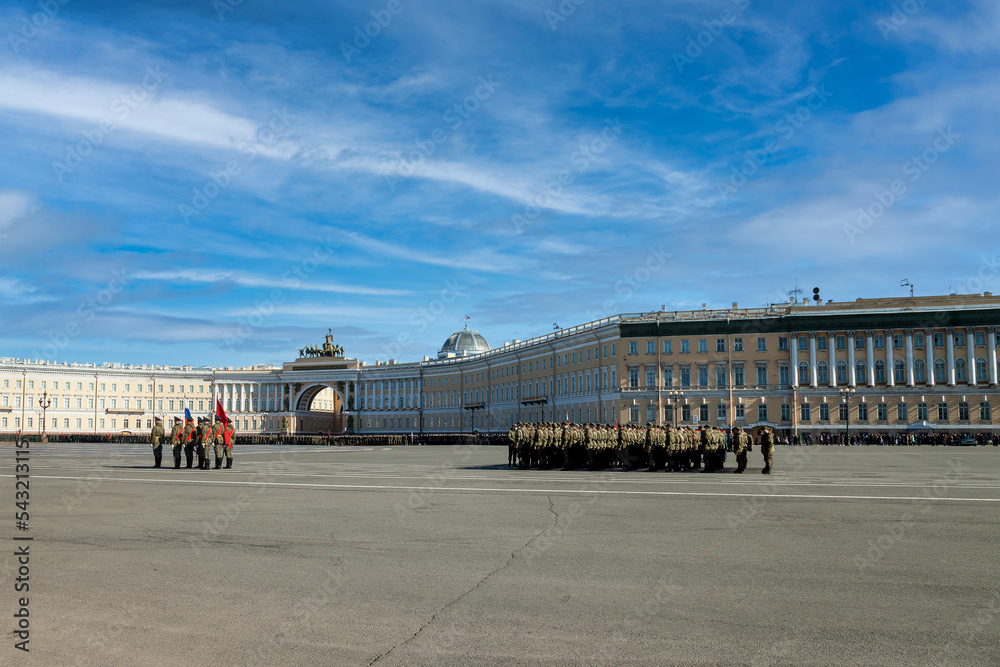 St Petersburg, RUSSIA, 2021: Victory Parade in St. Petersburg on Royal square. Russian soldiers in military uniform. Copy text space