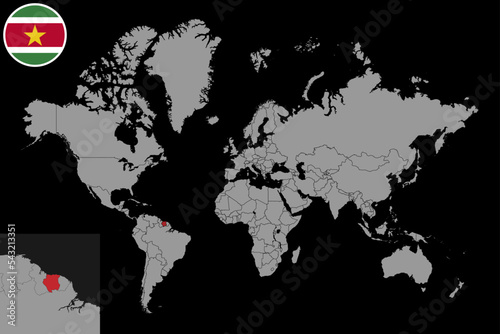 Pin map with Suriname flag on world map. Vector illustration.