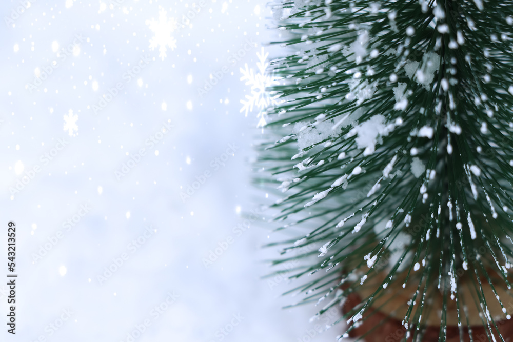 Christmas decorations and white snow, snow background