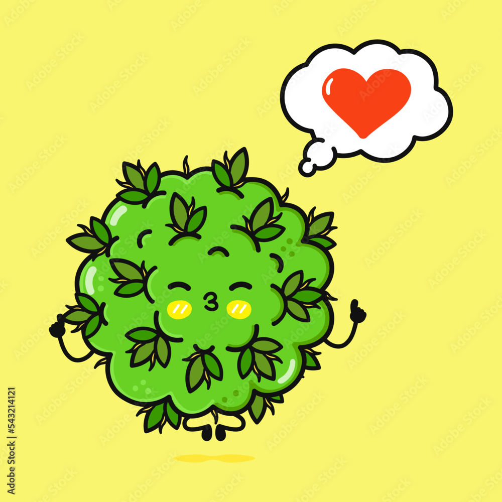Cute funny marijuana weed doing yoga with speech bubble. Vector hand ...