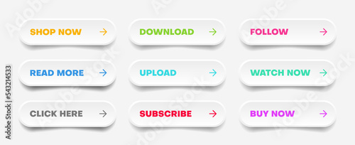 3d click here web buttons. Set of action button, hand cursor and arrow pointing click link buttons. Add to cart, shop now, upload, downloa buttons. Online shopping icons for UI UX website, mobile app
