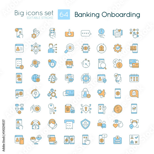 Banking onboarding RGB color big icons set. Customer experience. Account opening. Isolated vector illustrations. Simple filled line drawings collection. Editable stroke. Quicksand-Light font used