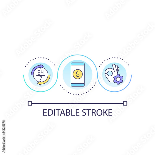 Check balance around the clock loop concept icon. Transaction records. Online banking benefit abstract idea thin line illustration. Isolated outline drawing. Editable stroke. Arial font used