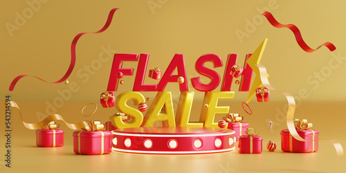 Flash Sale podium. Sales banner template design, sale and discount background, 3d illustration