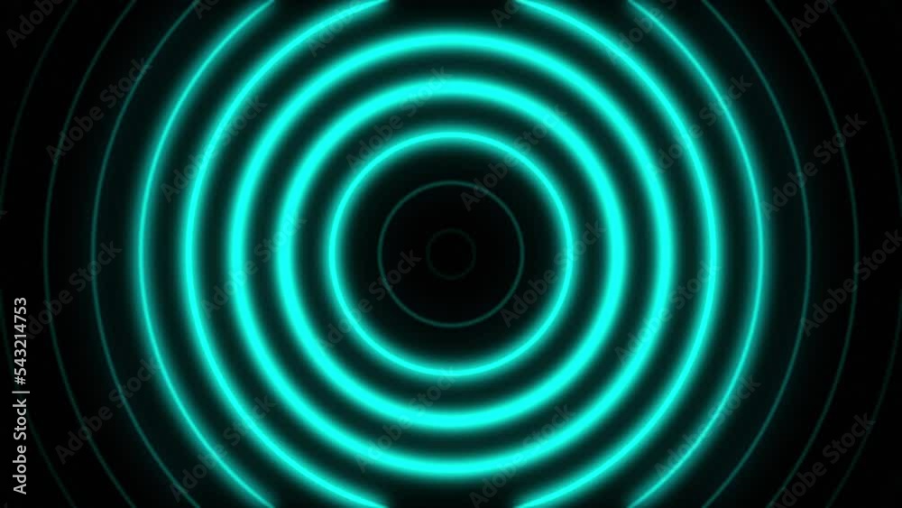 Abstract seamless loop neon aqua blue concentric circle on a black background. Bright neon lights motion for glamour concept. For compositing, and stylizing your video.