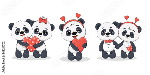 Panda couple with heart for your design Valentine's Day, birthday, Mother's Day, wedding.Set of cute cartoon pandas isolated on white.Vector 