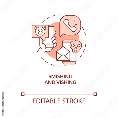 Smishing and vishing terracotta concept icon. Phone scam. Voice fraud. Hacker trick abstract idea thin line illustration. Isolated outline drawing. Editable stroke. Arial, Myriad Pro-Bold fonts used