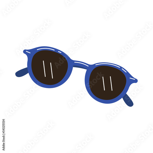 Blue sunglasses against sunburn vector illustration. Sun safety and cartoon drawing of sunglasses on white background. Summer, vacation, health, protection concept