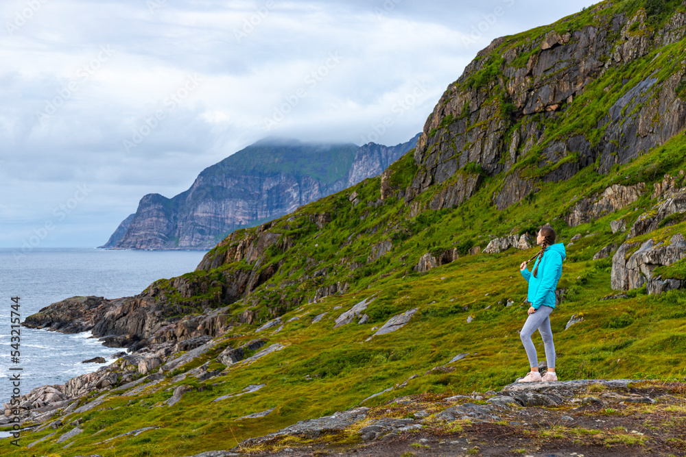 hiker girl stands on a cliff admiring the landscape of senja island in northern norway, dark landscape of the norwegian fjords, hiking in norway