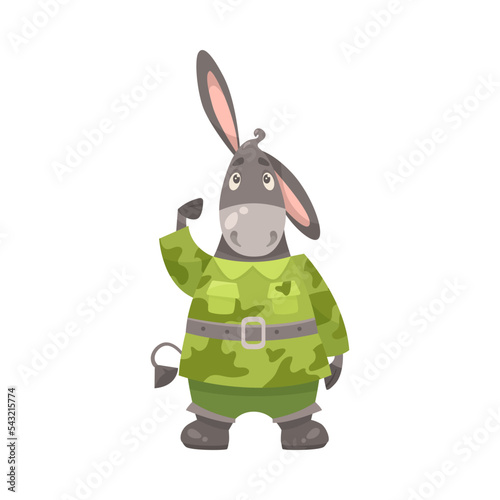 Cute donkey cartoon character in camouflage cartoon illustration. Serious animal soldier in military uniform saluting officer. Army, zoo, warrior concept