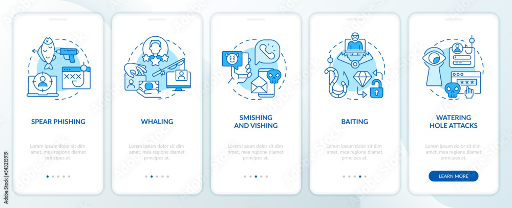 Social engineering attacks tactics blue onboarding mobile app screen. Walkthrough 5 steps editable graphic instructions with linear concepts. UI, UX, GUI template. Myriad Pro-Bold, Regular fonts used