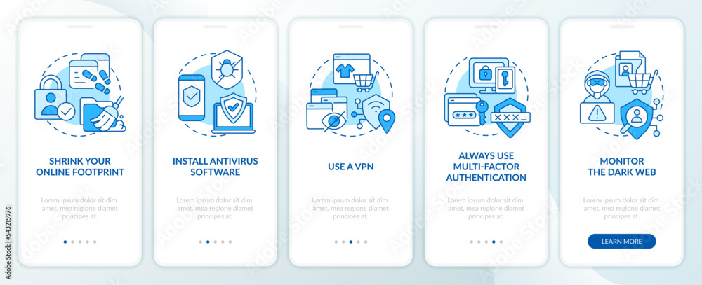 Cyberattacks prevention blue onboarding mobile app screen. Walkthrough 5 steps editable graphic instructions with linear concepts. UI, UX, GUI template. Myriad Pro-Bold, Regular fonts used