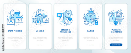 Social engineering attacks tactics blue onboarding mobile app screen. Walkthrough 5 steps editable graphic instructions with linear concepts. UI, UX, GUI template. Myriad Pro-Bold, Regular fonts used