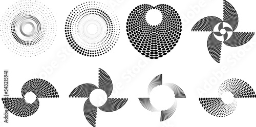 Design elements with circular halftone dots. Vector rotating dotted circles design . Half tones collection . Concentric circles for posters, social media, promotion,  flyer, covers .Dotted frames