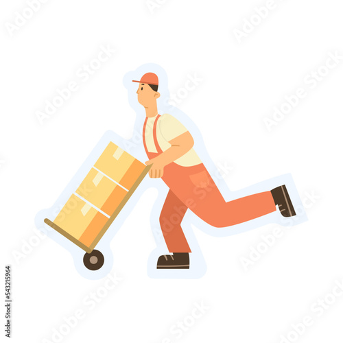 Courier carrying forklift with packages sticker cartoon illustration. Deliveryman with carton boxes. Logistics, air delivery, transportation concept
